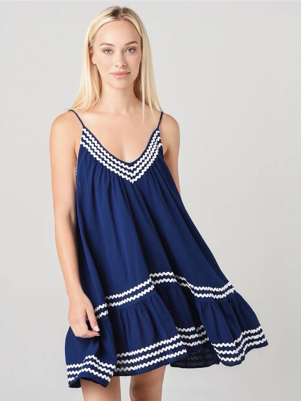9seed St. Tropez Ruffle Mini Dress Navy Blue White Ric Rac Cotton Gauze OS